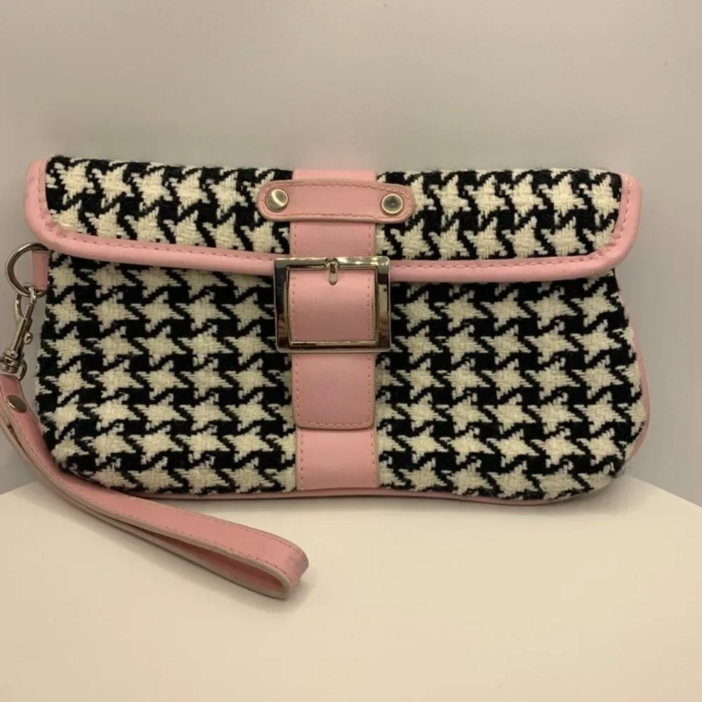 Sondra Roberts 9x5 Houndstooth Black, White and Pink Clutch